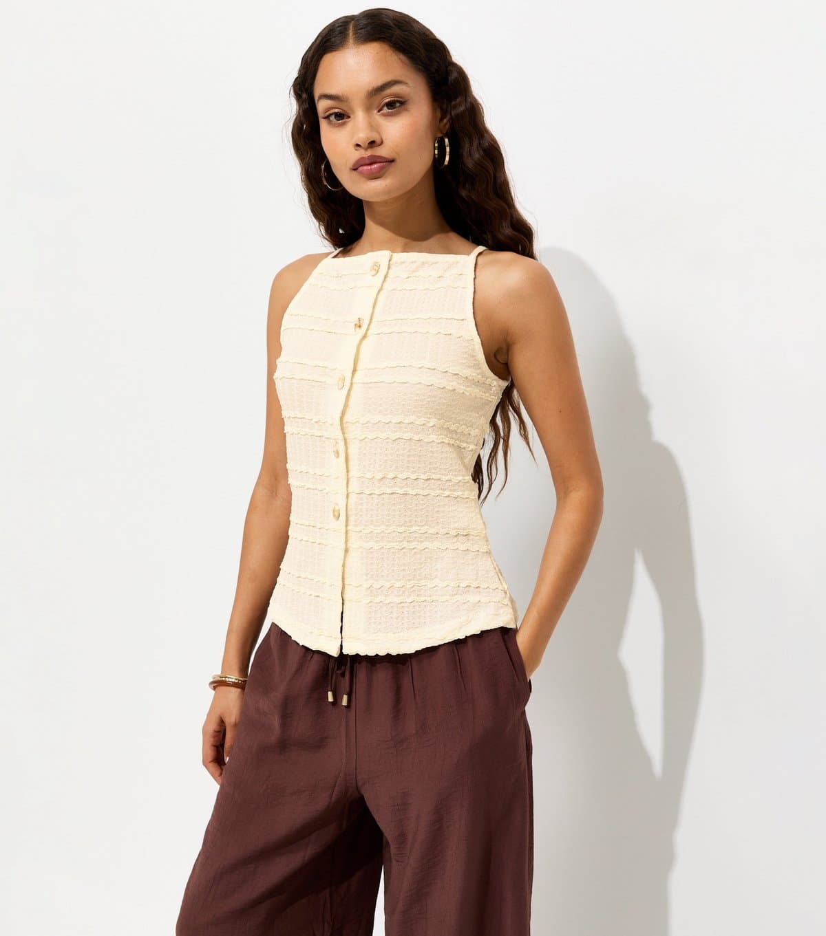 New Look Women's Petite Off White Textured Button Front Waistcoat New Look