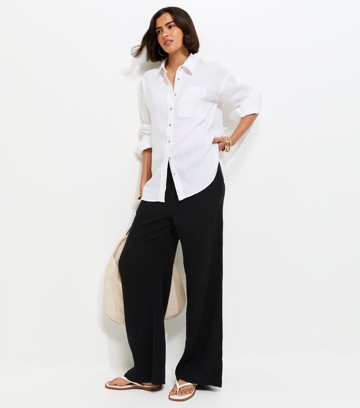 New Look New Look Black Cotton Textured Wide Leg Trousers