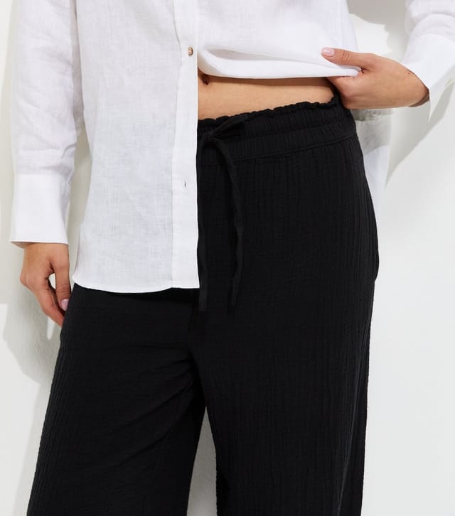 New Look Women's Black Cotton Textured Drawstring Wide Leg Trousers New Look - 2