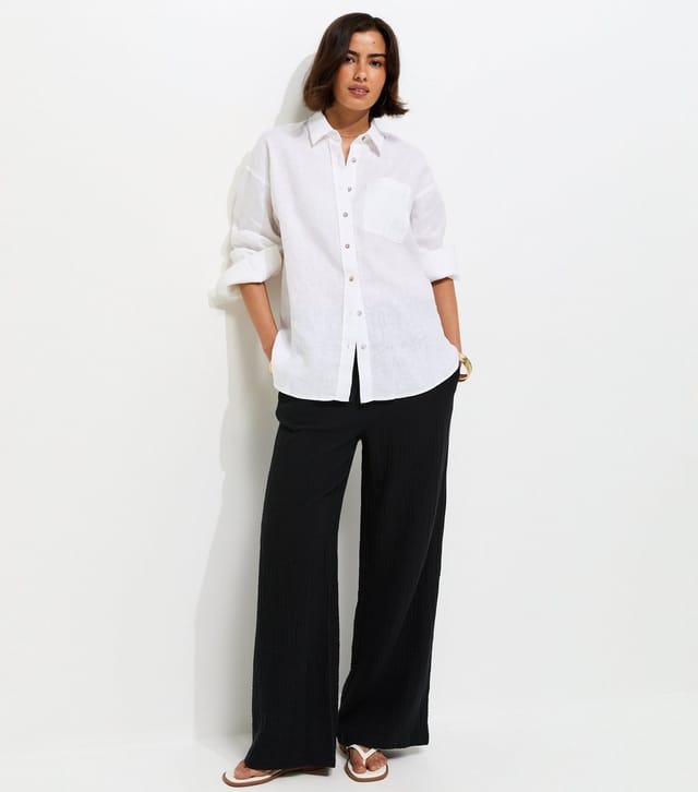 New Look Women's Black Cotton Textured Drawstring Wide Leg Trousers New Look - 3