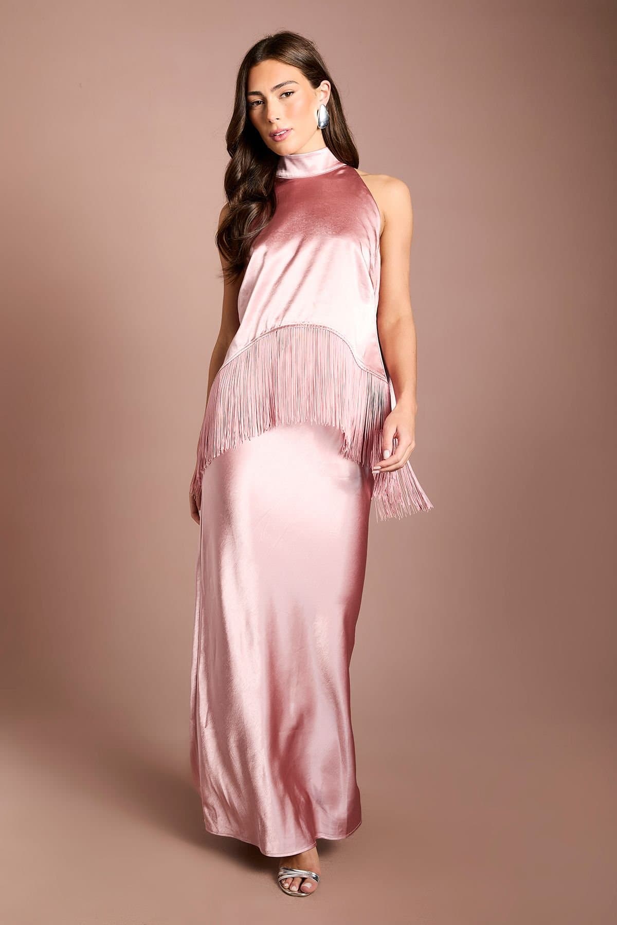 Coast Coast Women's Muse Satin Fringe Halter neck Maxi Dress in Pink