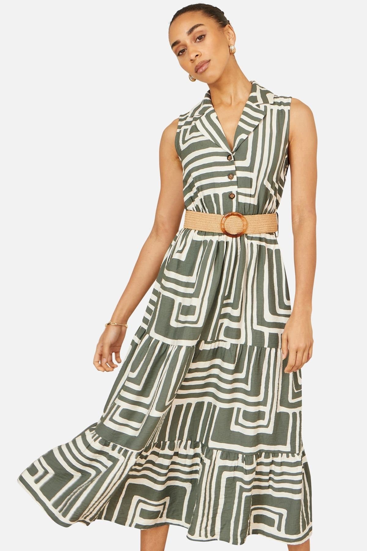 Yumi Yumi Women's Viscose Geo Print Midi Shirt Dress With Matching Belt in Olive
