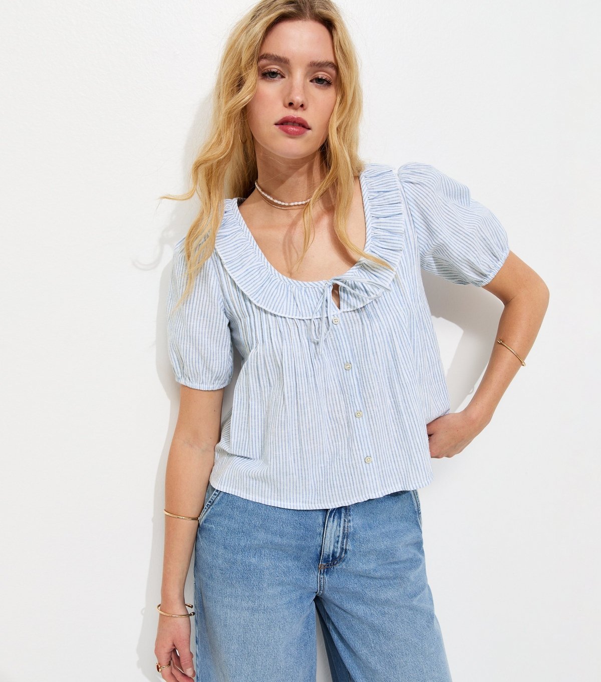 New Look Women's Light Blue Striped Frill Neckline Blouse New Look - 1