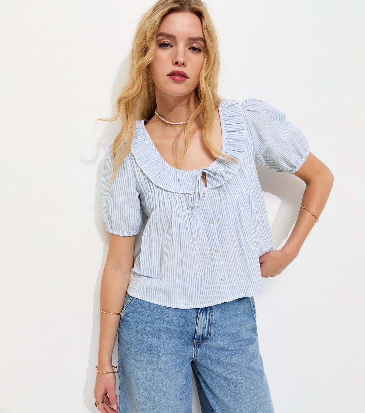 New Look Women's Light Blue Striped Frill Neckline Blouse New Look