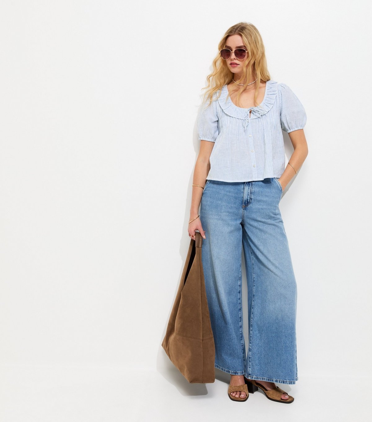 New Look Women's Light Blue Striped Frill Neckline Blouse New Look - 3