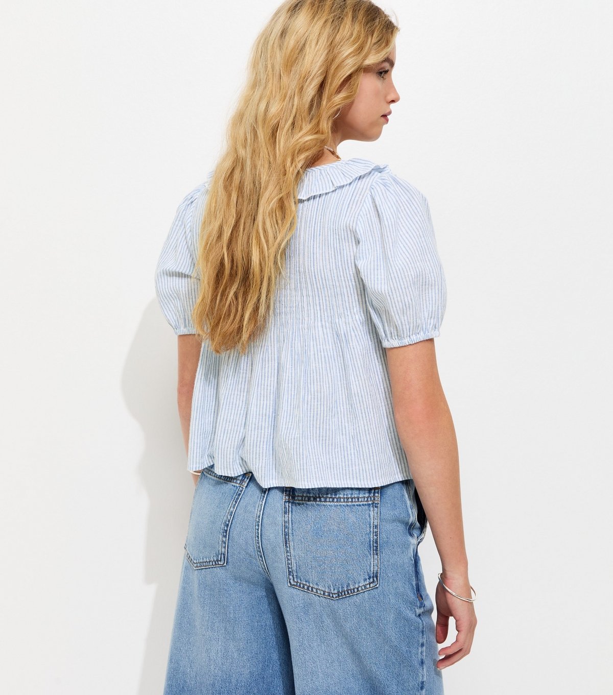 New Look Women's Light Blue Striped Frill Neckline Blouse New Look - 4