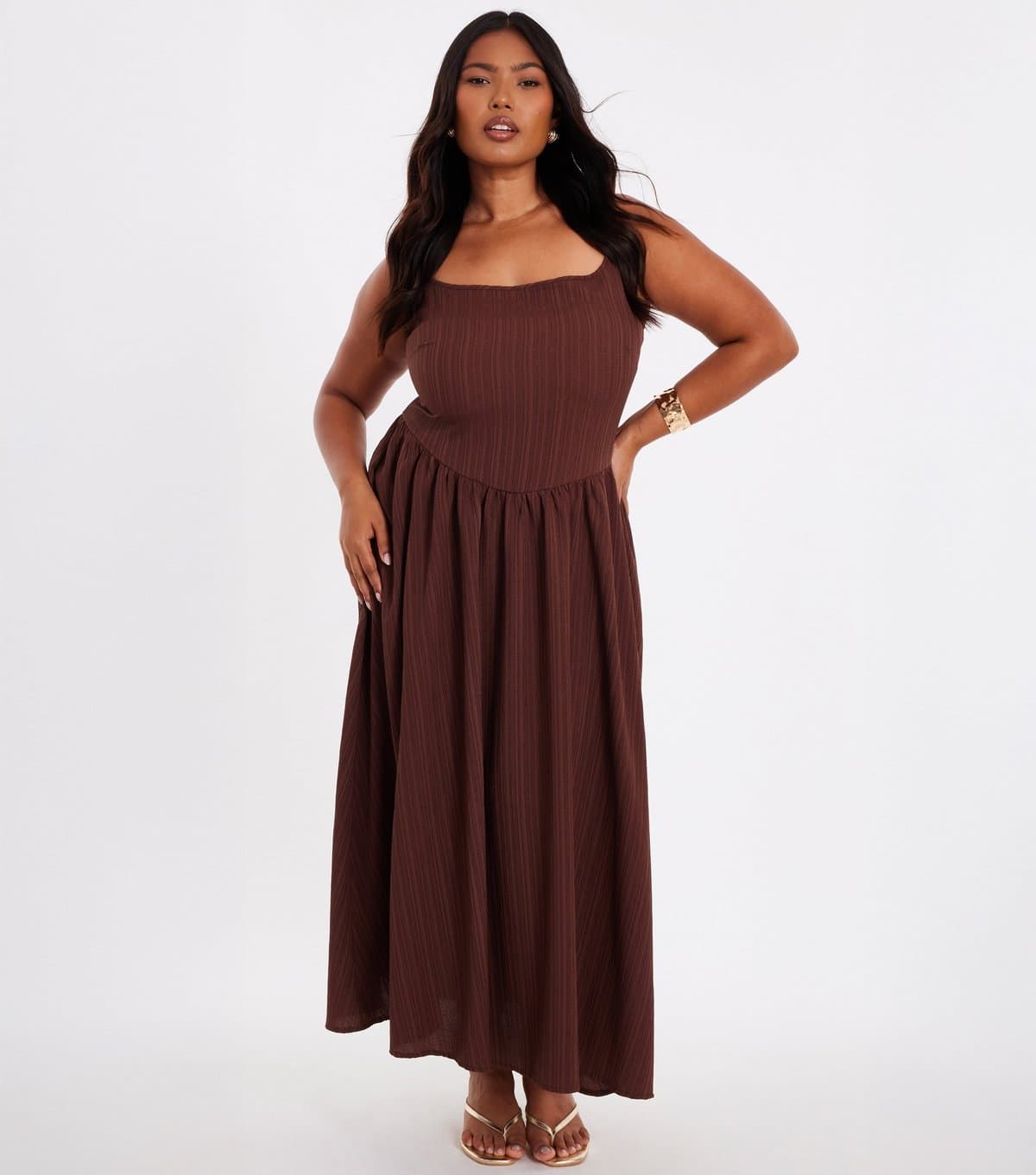 Quiz Women's Plus Size Dark Brown Drop Waist Midaxi Dress Curves Quiz New Look