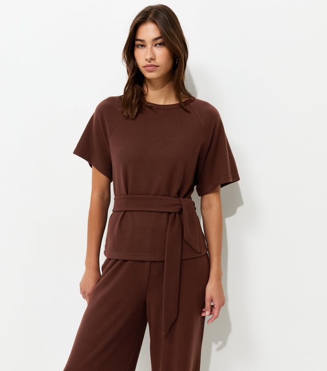 New Look Women's Brown Soft Touch Tie Front Short Sleeve T-Shirt New Look - 2