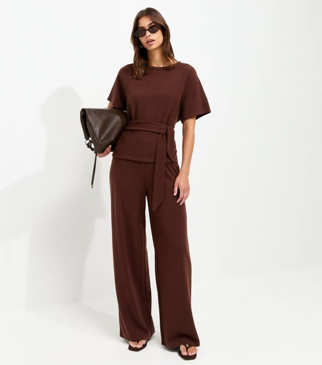 New Look Women's Brown Soft Touch Tie Front Short Sleeve T-Shirt New Look - 3