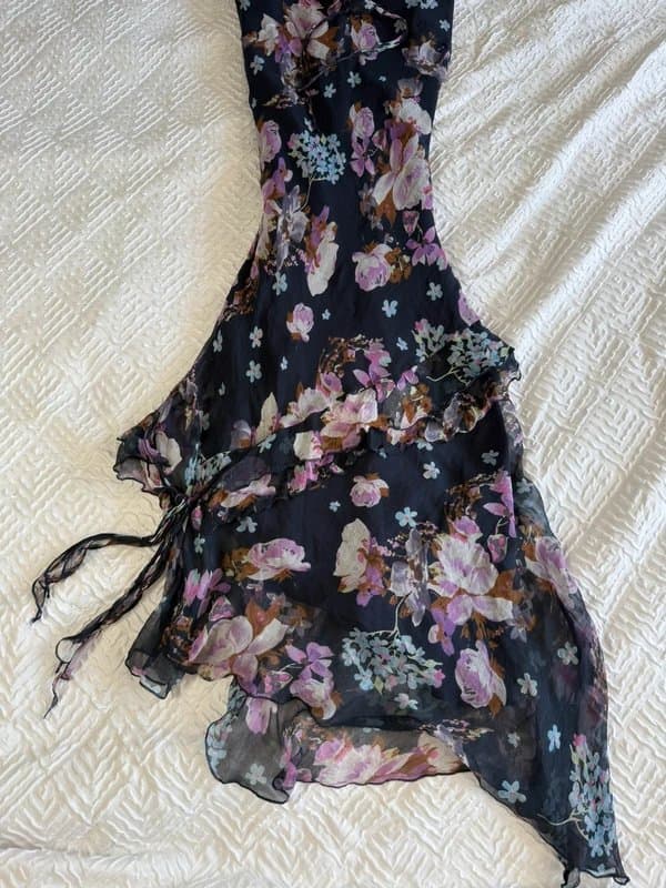 Per Una Per Una y2k 100% silk floral pink and purple floaty fairy handkerchief hem asymmetrical maxi dress
