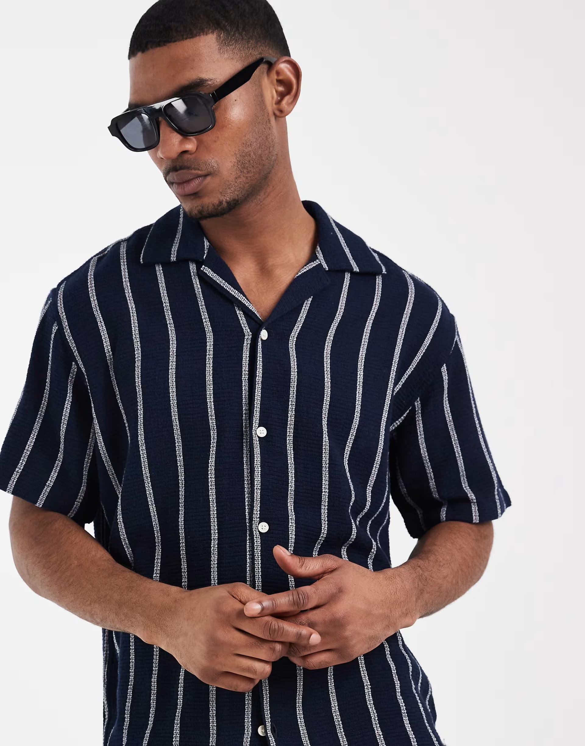 ASOS Jack & Jones co-ord stripe textured shirt in navy