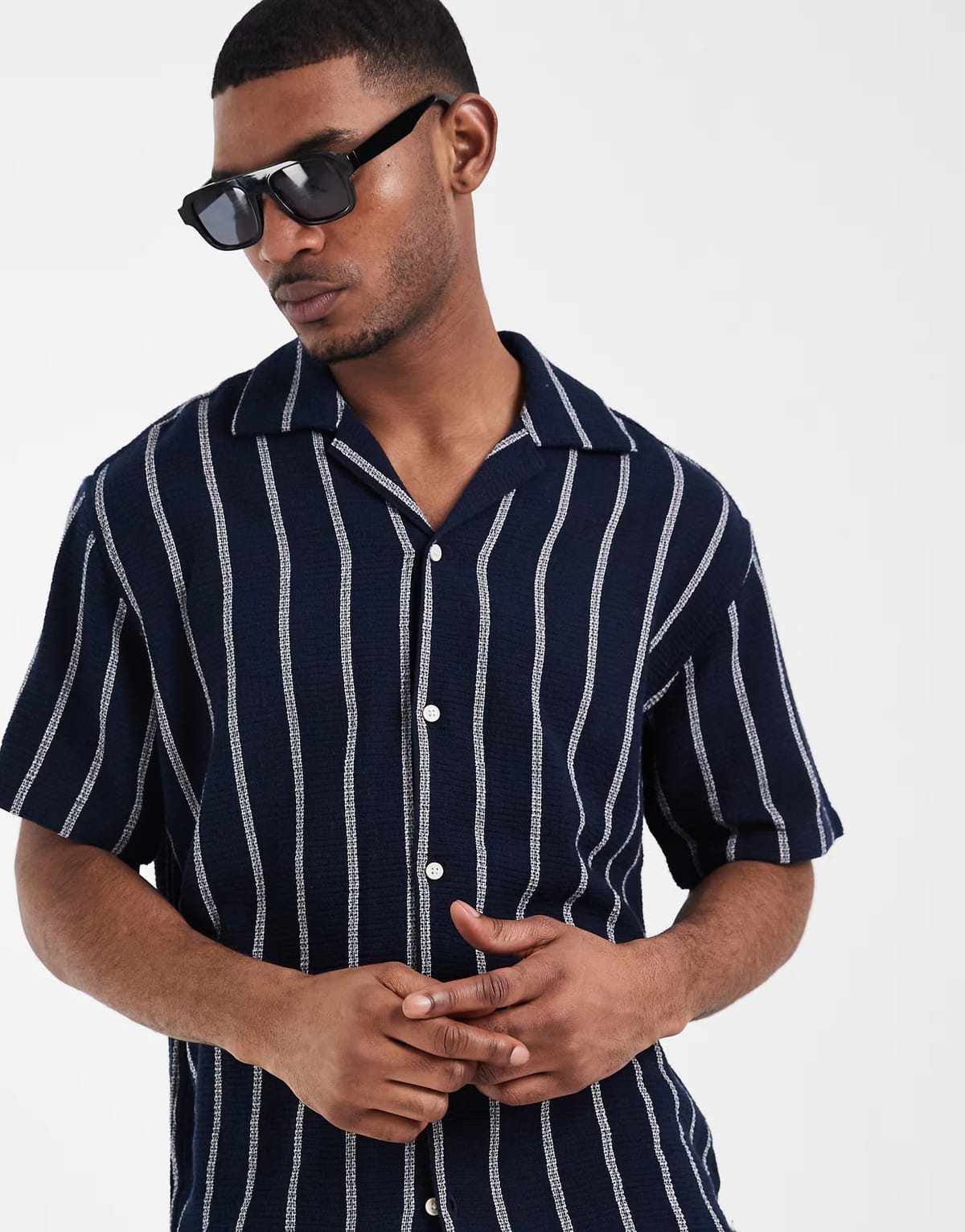 ASOS Jack & Jones co-ord stripe textured shirt in navy - 1