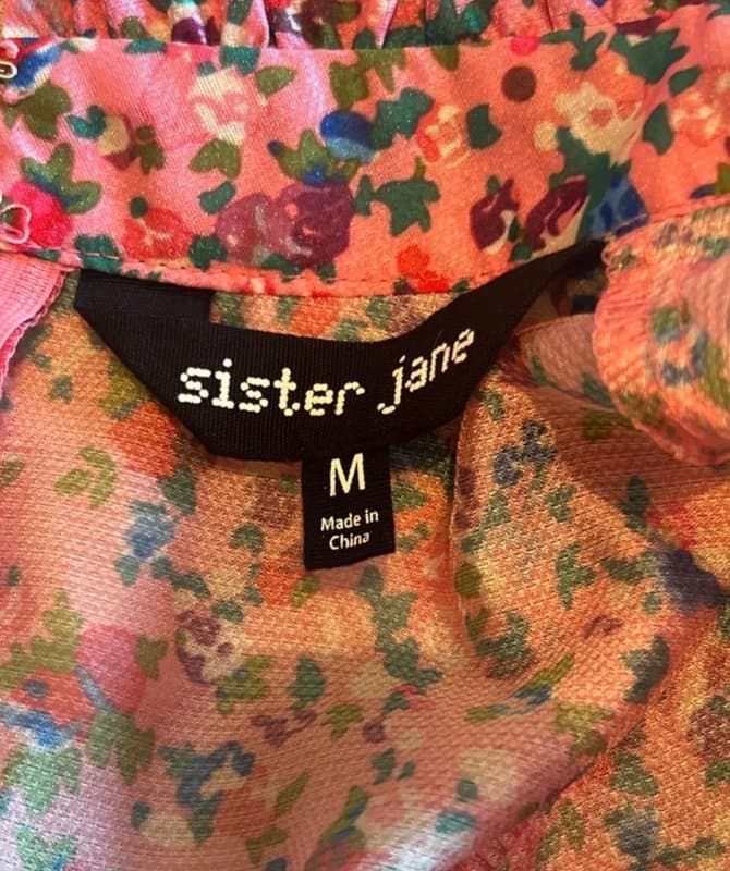 Sister Jane Sister Jane Pink Floral Midi Dress Size M Ruffle Crystal Buckle Belt