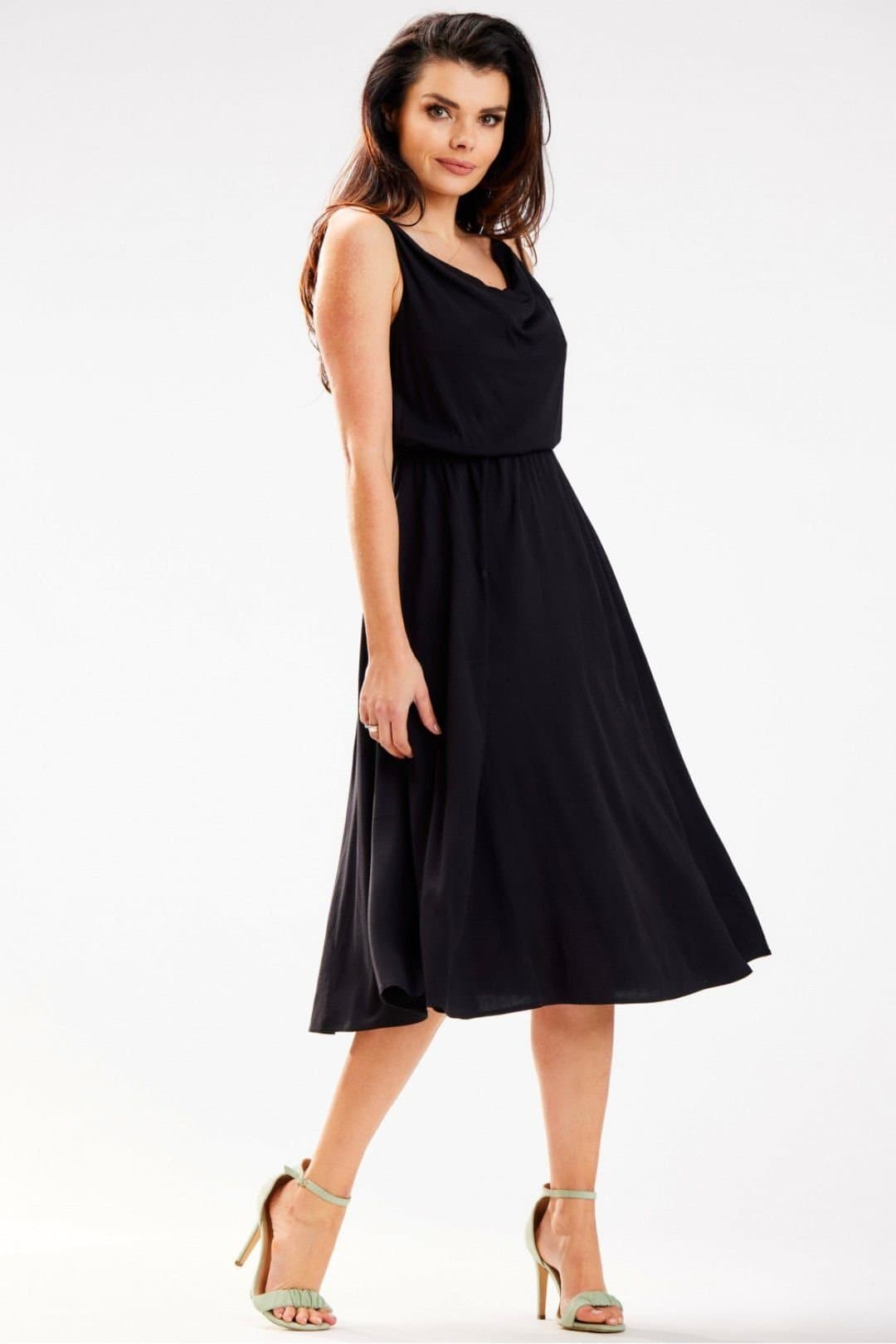 Love Lace Love Lace Women's Elegant Midi Dress Thin Straps Crinkled Neck in Black