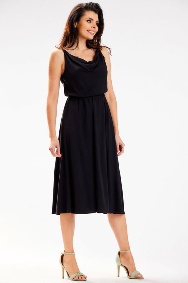 Love Lace Love Lace Women's Elegant Midi Dress Thin Straps Crinkled Neck in Black - 2