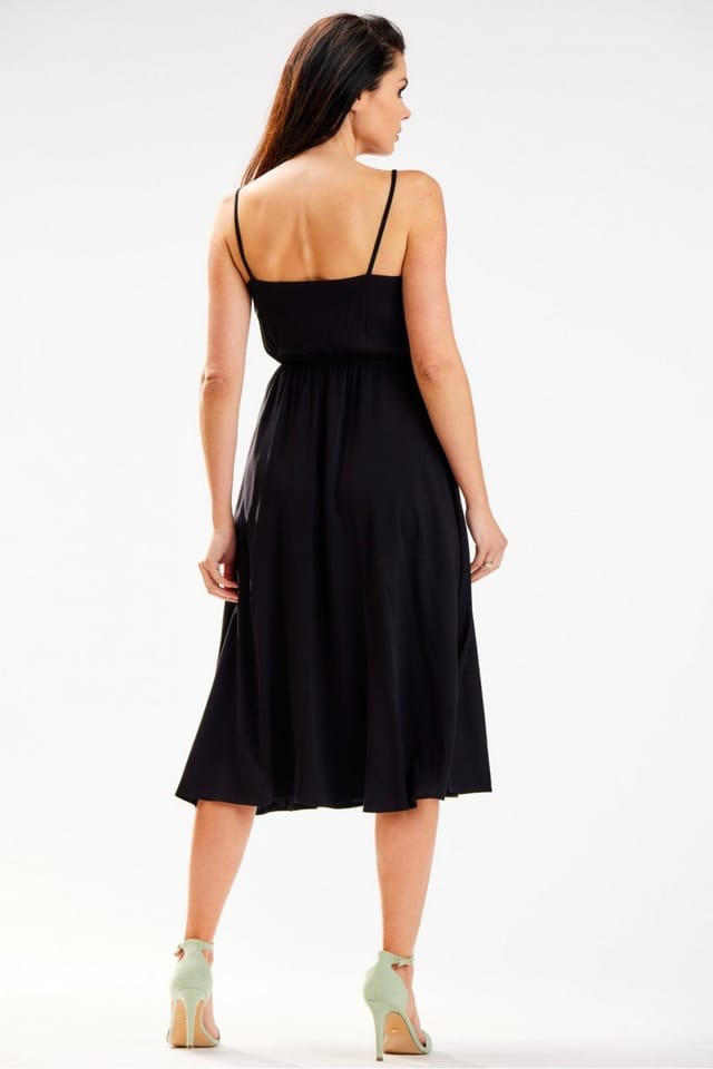 Love Lace Love Lace Women's Elegant Midi Dress Thin Straps Crinkled Neck in Black - 3