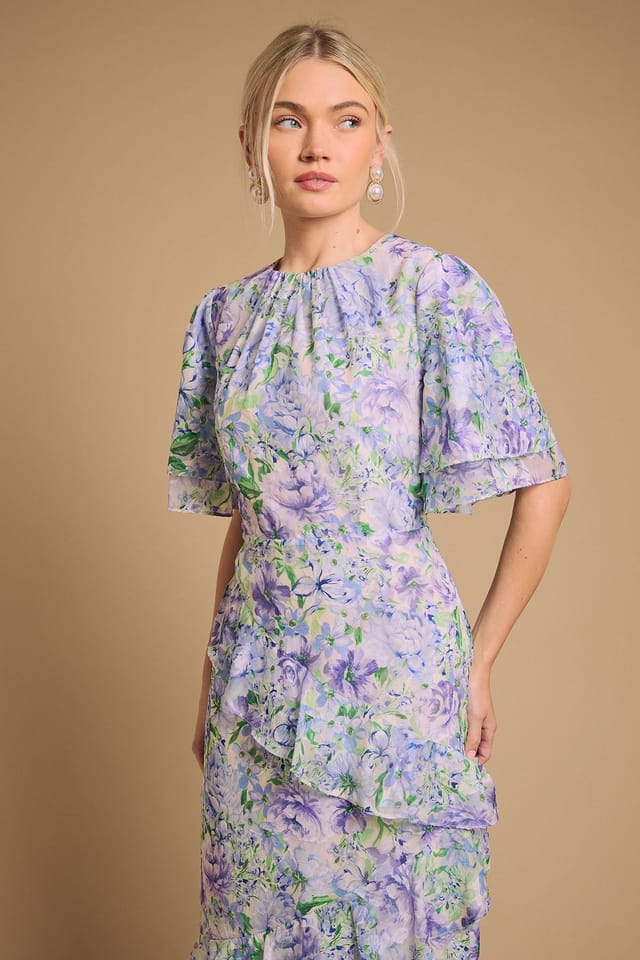 Oasis Oasis Women's Occasion Floral Asymmetric Ruffle Jacquard Midi Dress in Blue - 2