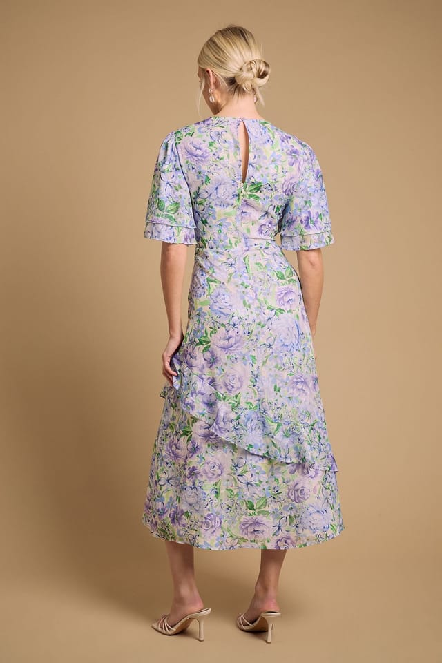 Oasis Oasis Women's Occasion Floral Asymmetric Ruffle Jacquard Midi Dress in Blue - 3