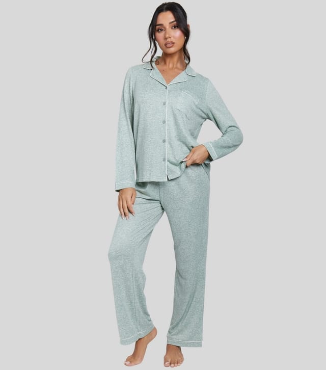 Loungeable Women's Light Green Rib Super Soft Brushed Marl Buttoned Pyjama Set Loungeable New Look - 3