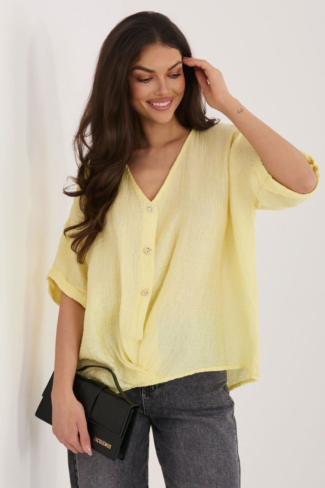 Love Lace Love Lace Yellow Viscose/Nylon V-Neck Button Shirt