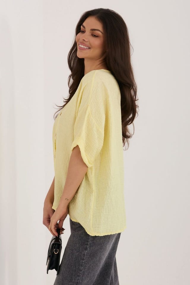 Love Lace Love Lace Women's Short Sleeve V Neck Button Shirt in Yellow - 2
