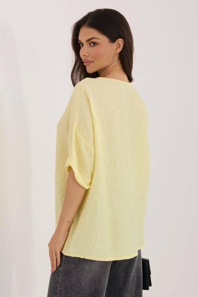 Love Lace Love Lace Women's Short Sleeve V Neck Button Shirt in Yellow - 3