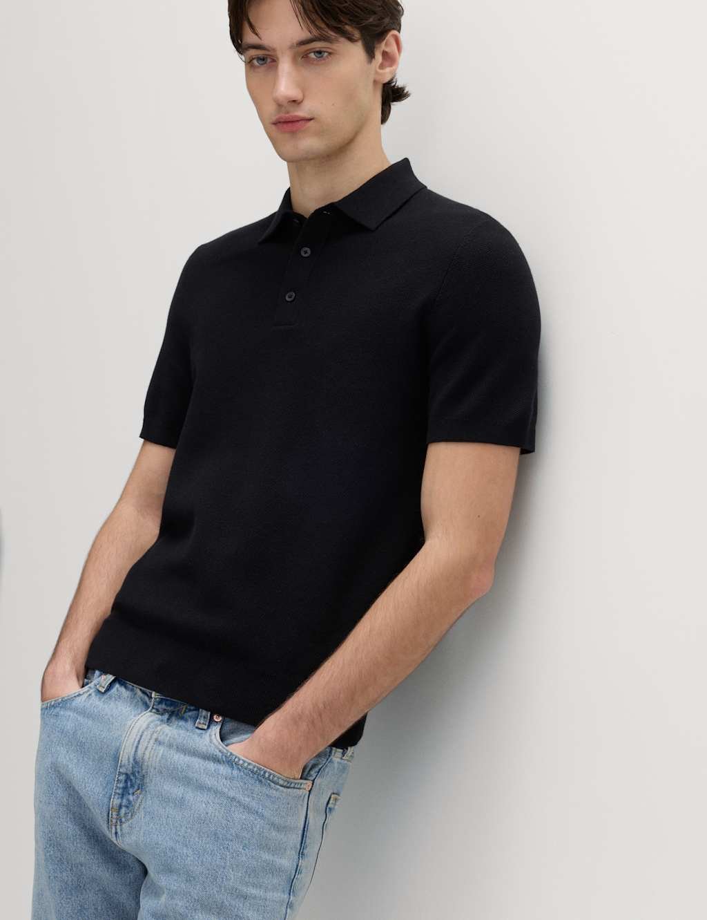 Marks & Spencer M&S Cotton Rich Regular Fit Knitted Polo Shirt Black - 4