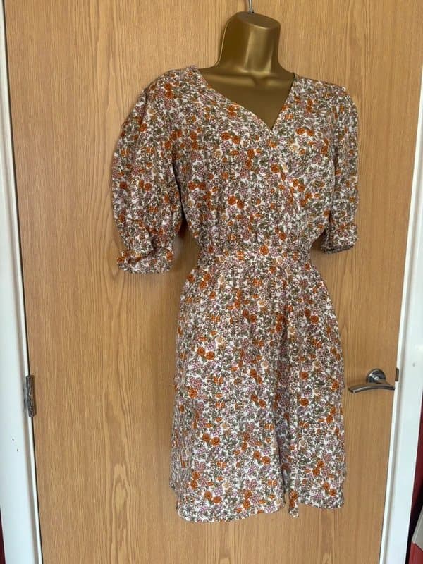 New Look New Look size 12 orange pink white floral tie waist short summer dress short sleeve