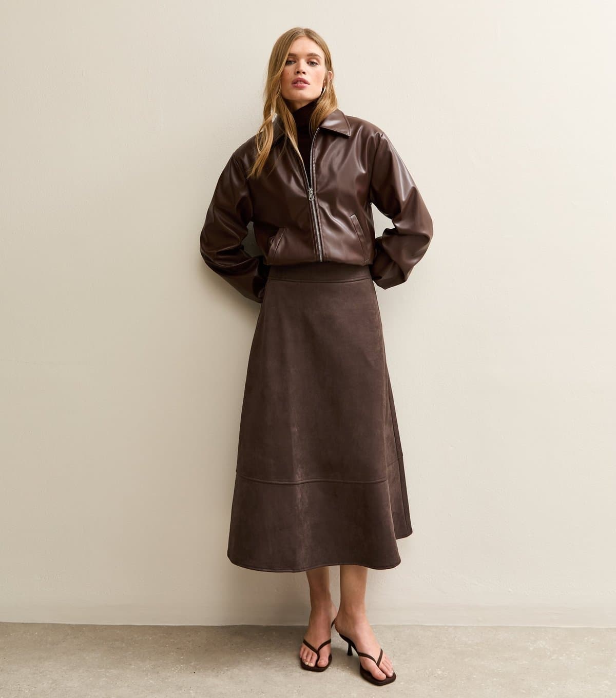 New Look Women's Dark Brown Faux Suede A Line Midi Skirt New Look