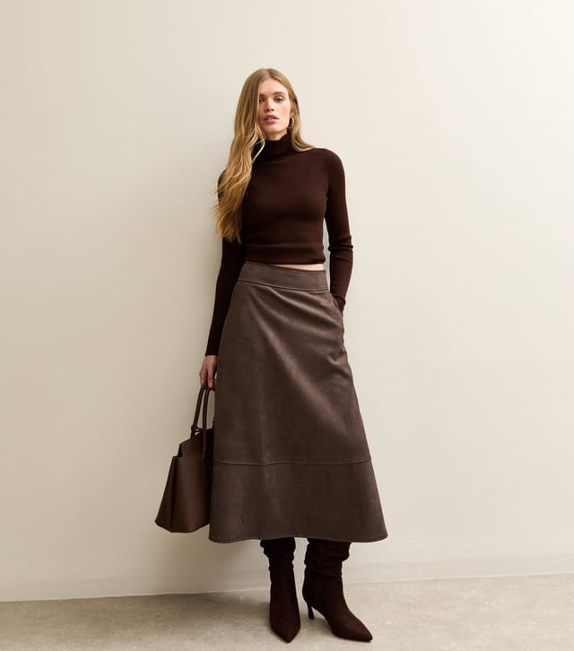 New Look Women's Dark Brown Faux Suede A Line Midi Skirt New Look - 3