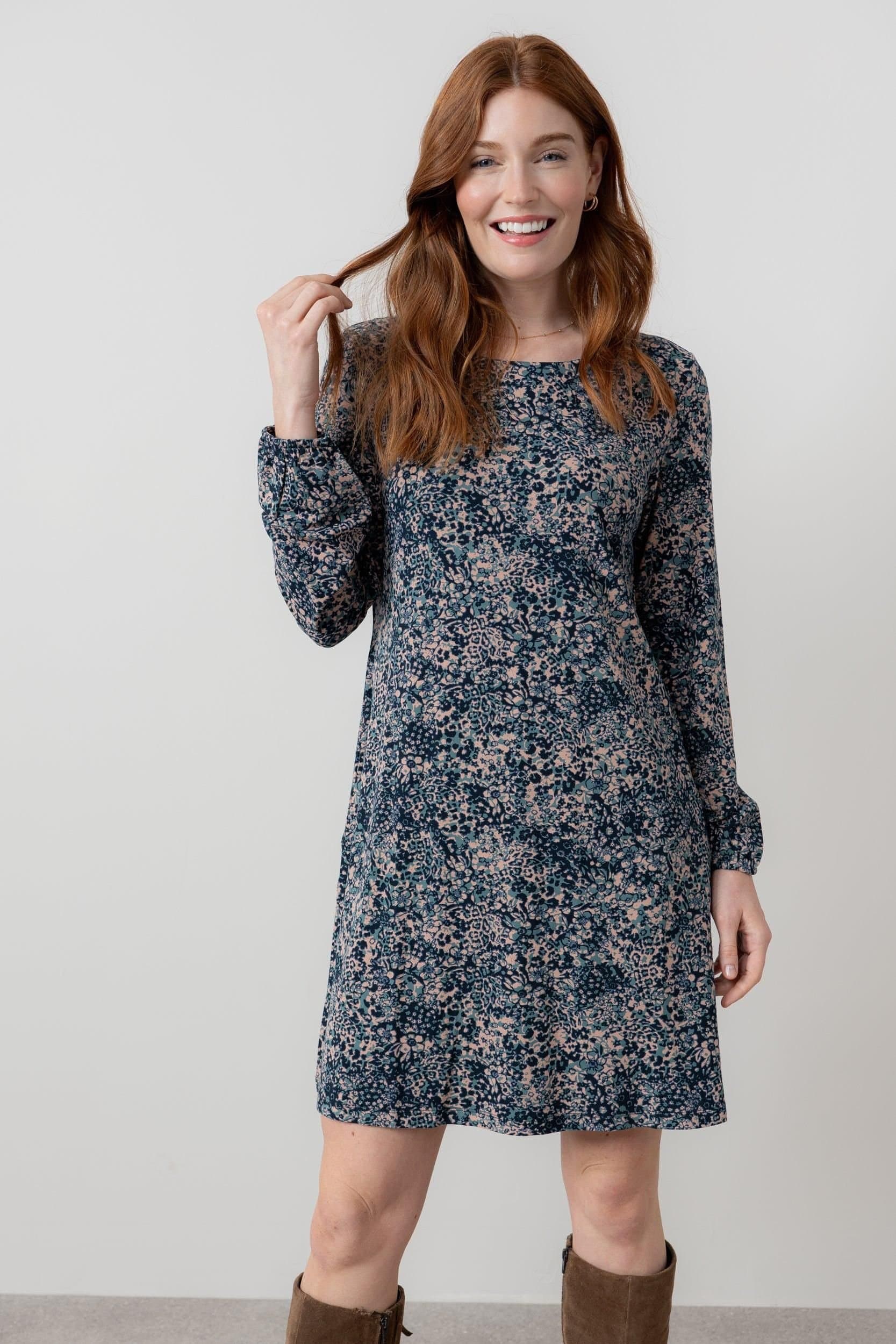 Lily & Me Lily & Me Women's Spruce Boat Neck Viscose Swing Dress with Floral Print in Mid Blue