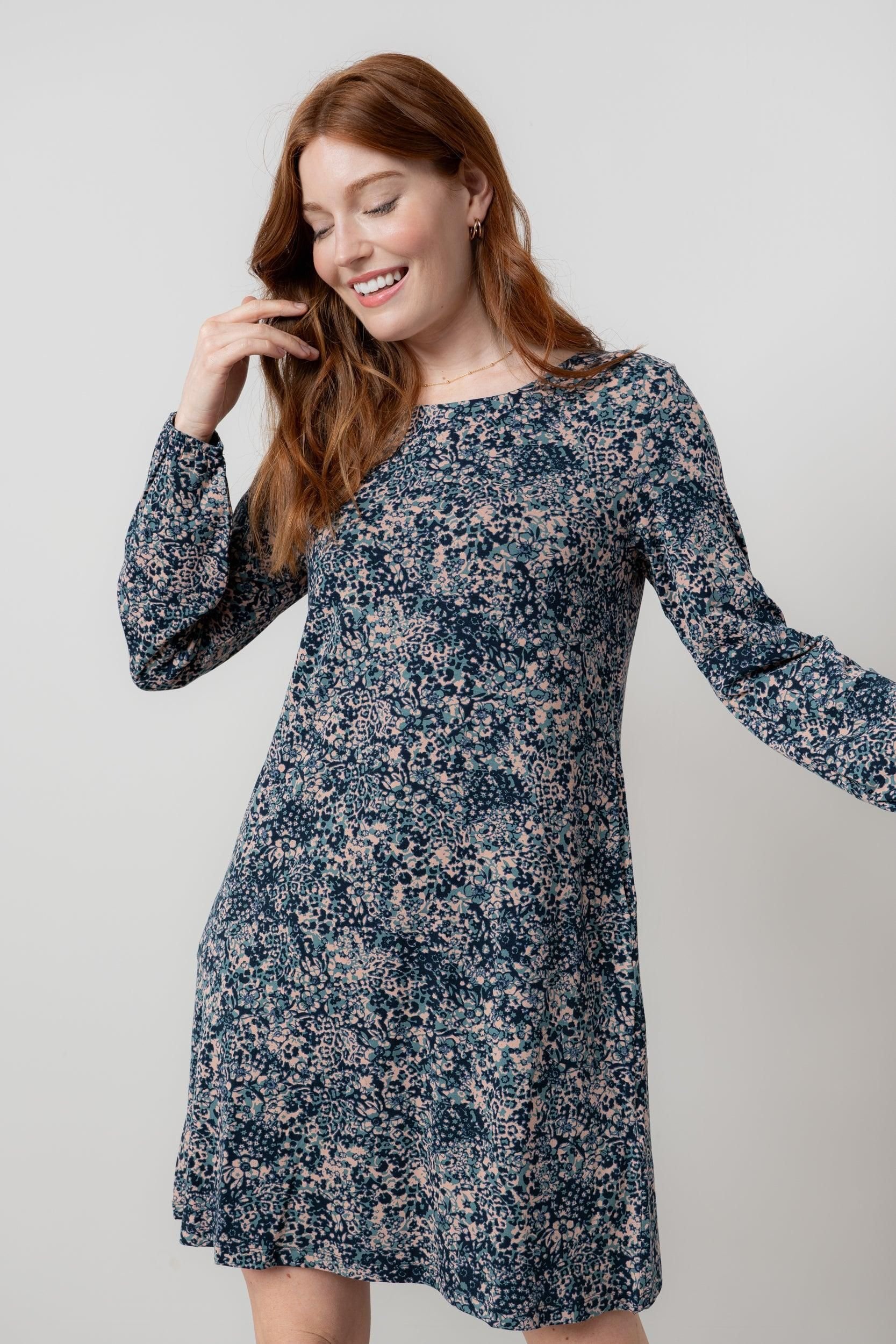 Lily & Me Lily & Me Women's Spruce Boat Neck Viscose Swing Dress with Floral Print in Mid Blue - 2