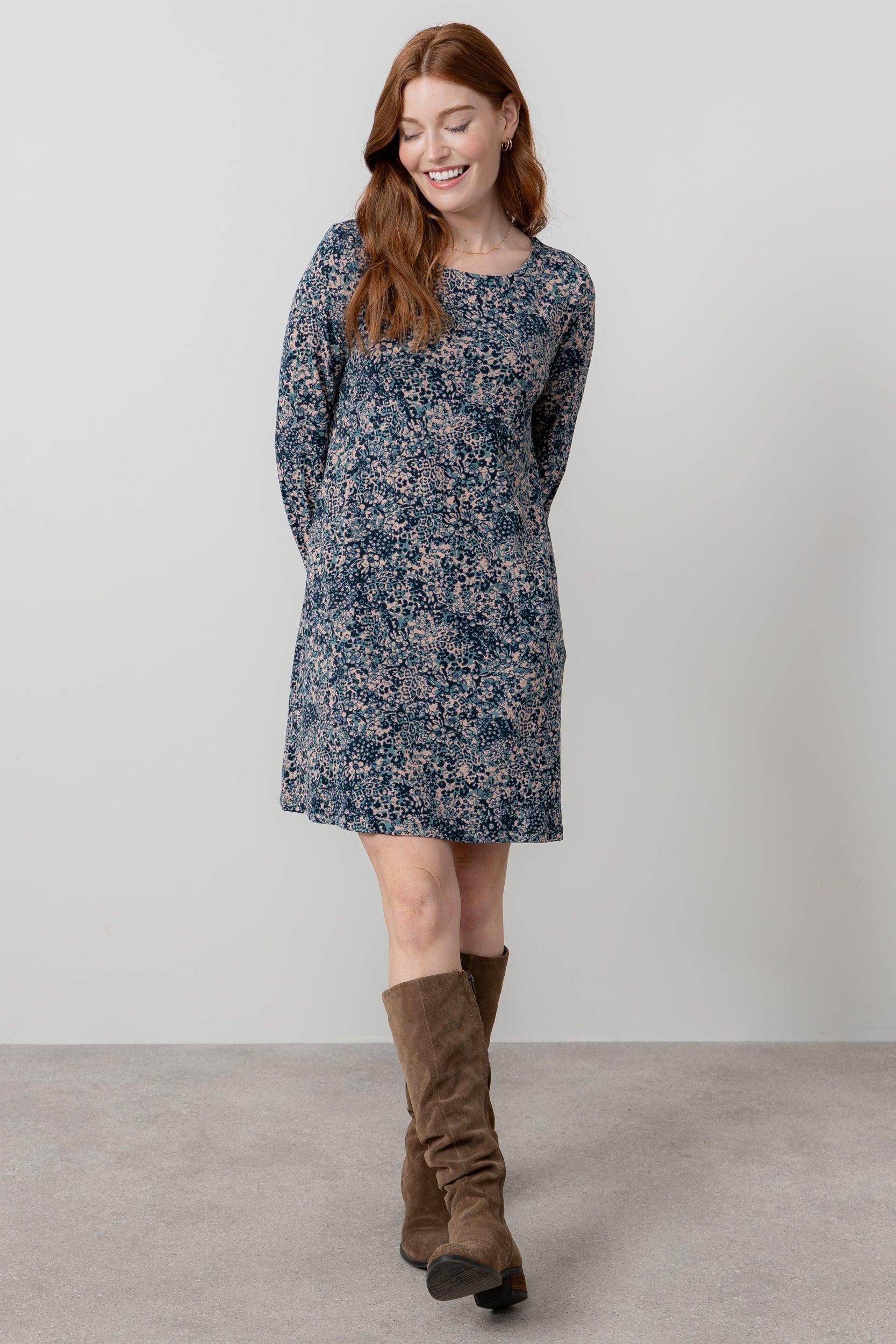 Lily & Me Lily & Me Women's Spruce Boat Neck Viscose Swing Dress with Floral Print in Mid Blue - 3