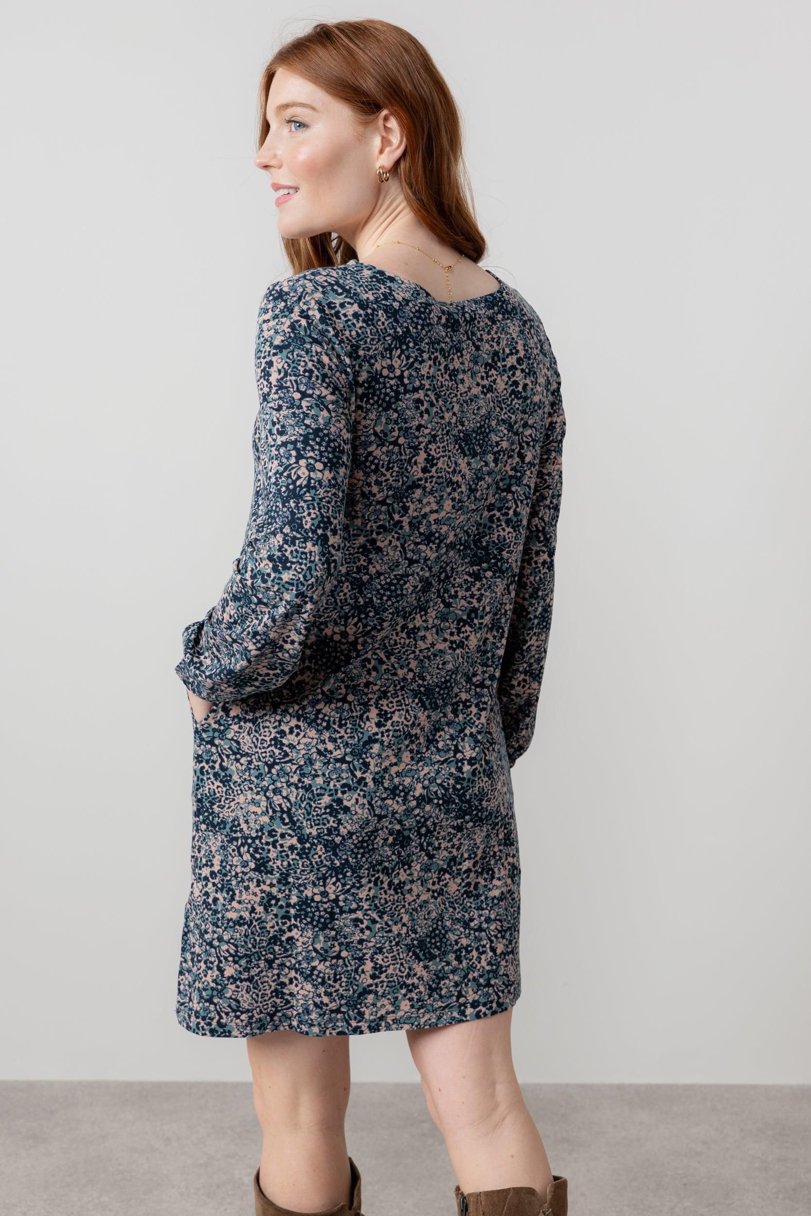Lily & Me Lily & Me Women's Spruce Boat Neck Viscose Swing Dress with Floral Print in Mid Blue - 4