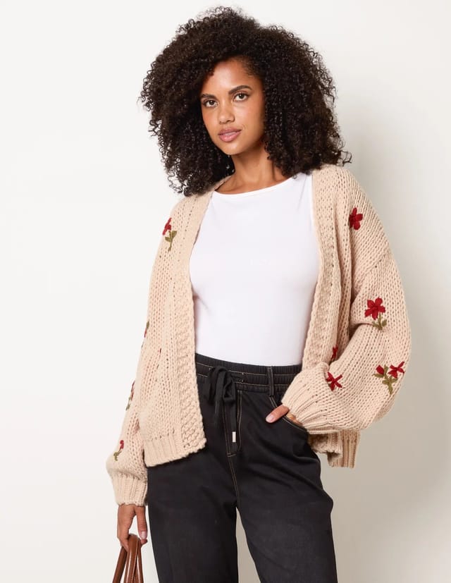 Blue Vanilla Flower Embroidery Detailed Cardigan - 3