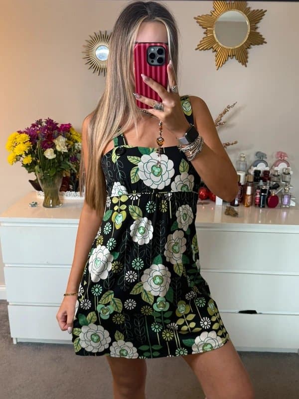 New Look Old new look y2k green and black floral tie cinch detail midi dress size 14