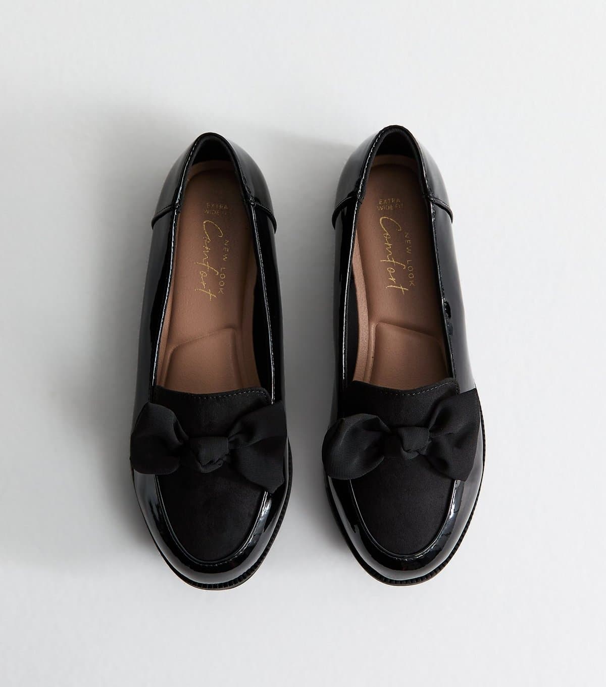 New Look Women's Extra Wide Fit Black Patent Faux Leather Bow Front Loafers Vegan New Look