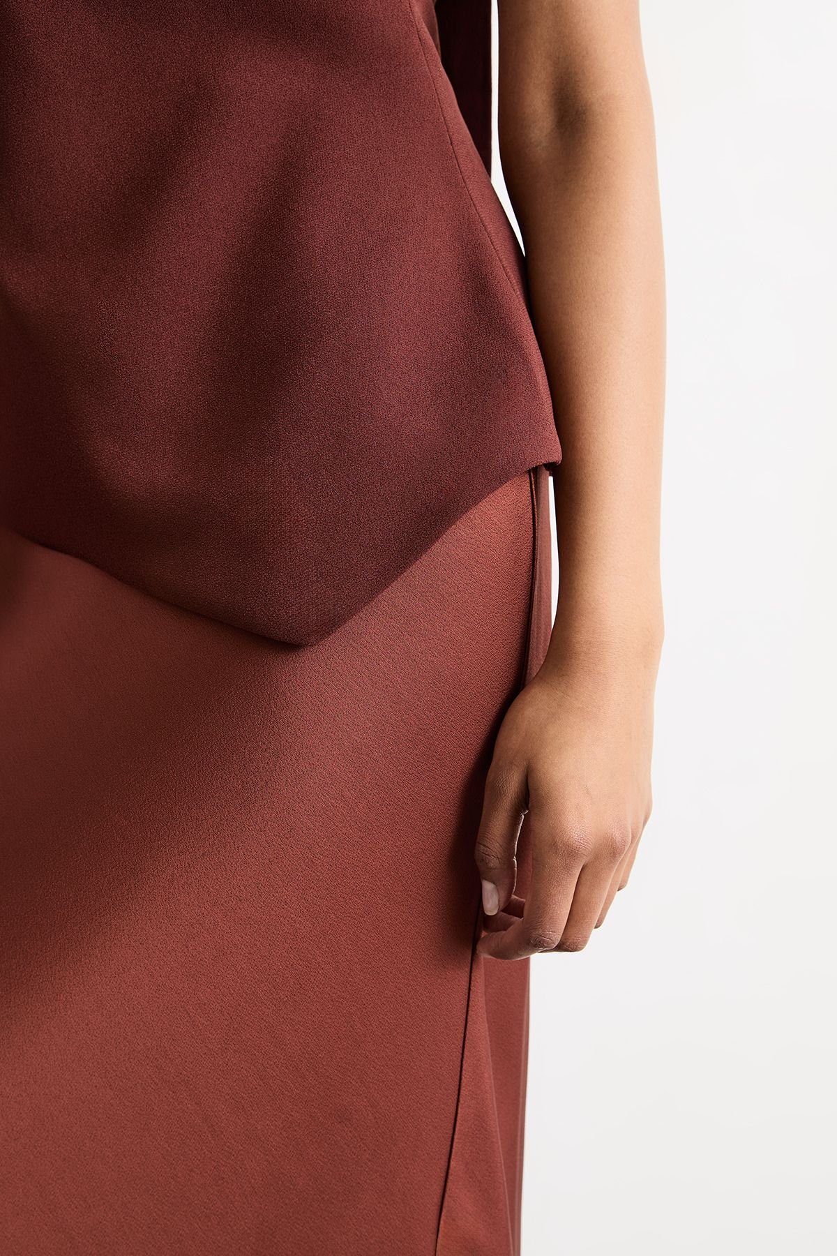 Warehouse Warehouse Women's Strapless Structured Bodice Satin Midi Dress in Chocolate - 4