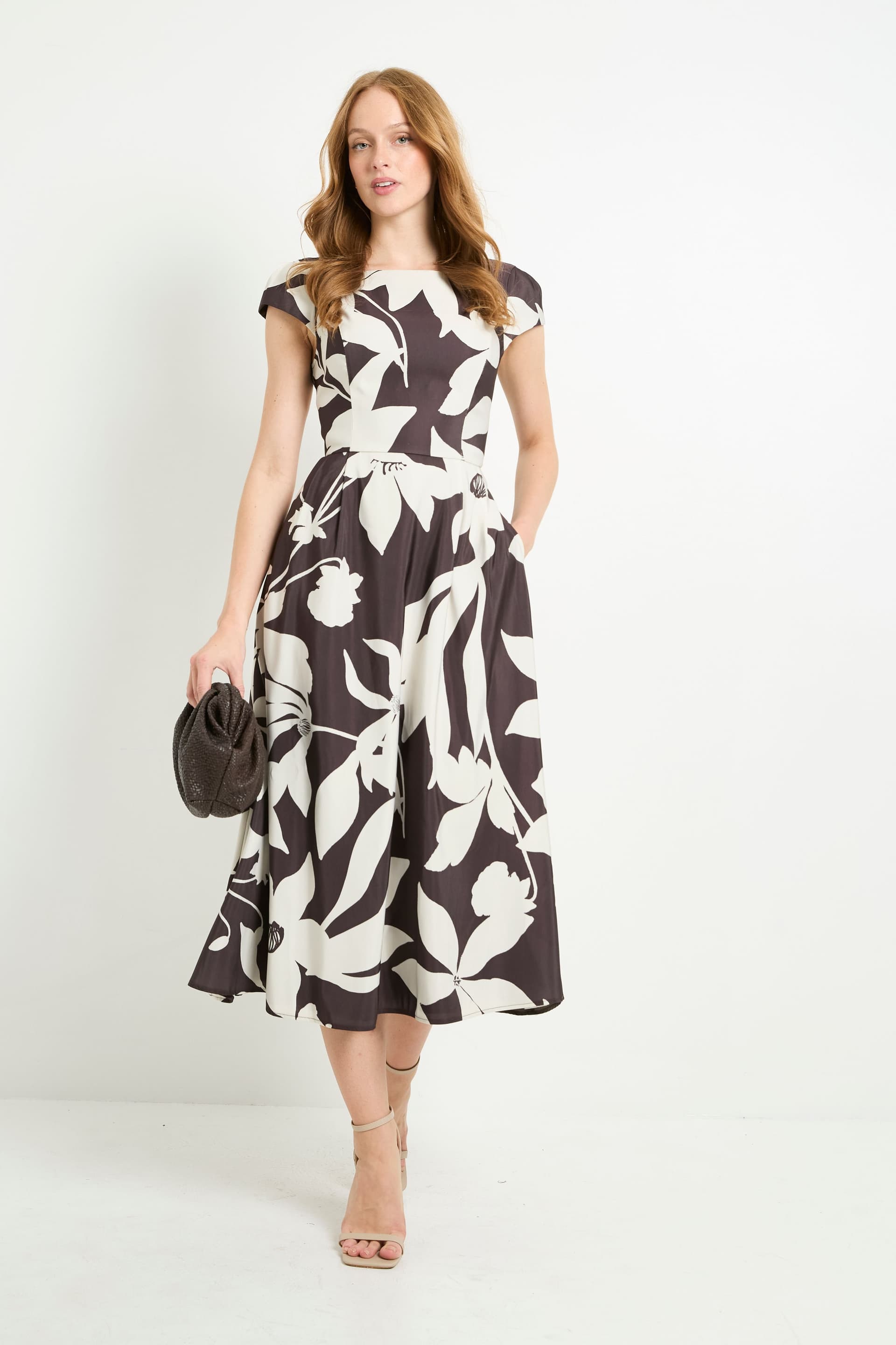 Wallis Wallis Women's Floral Ottoman Fit & Flare Midi Dress in Chocolate
