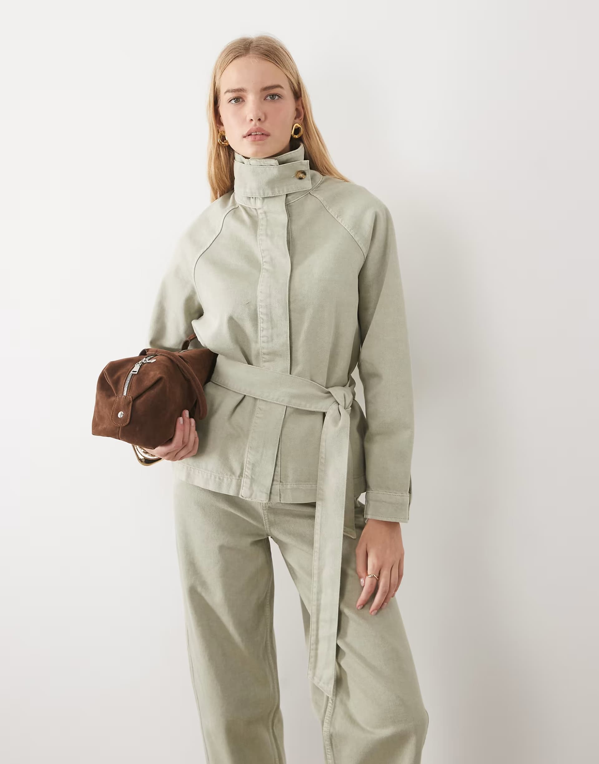ASOS 4th & Reckless twill denim funnel neck tie waist detail jacket co-ord in green