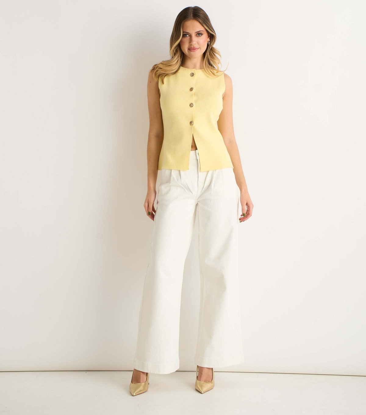 Gini London Women's Light Yellow Button Front Compact Knit Waistcoat Gini London New Look - 1