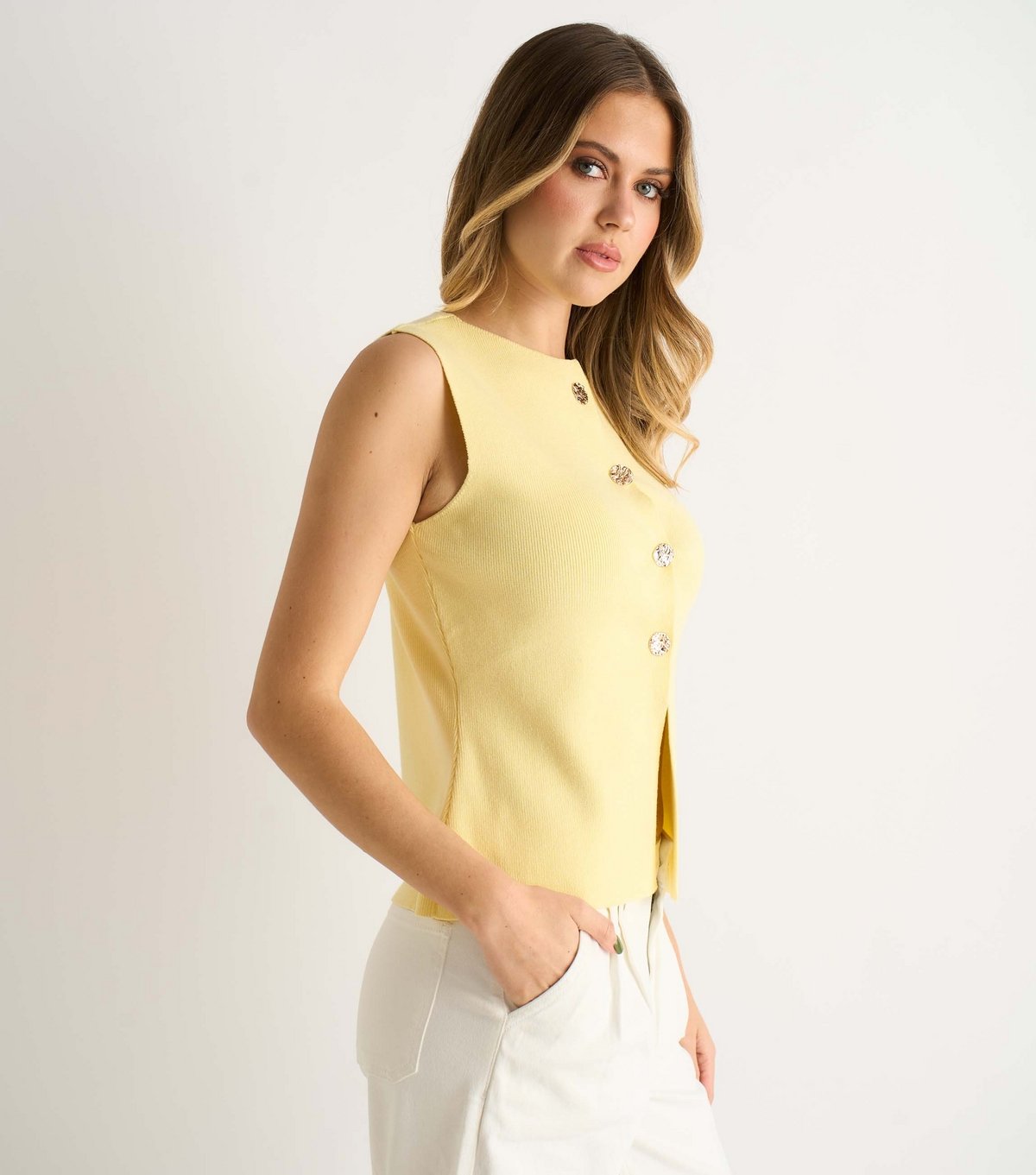 Gini London Women's Light Yellow Button Front Compact Knit Waistcoat Gini London New Look - 3