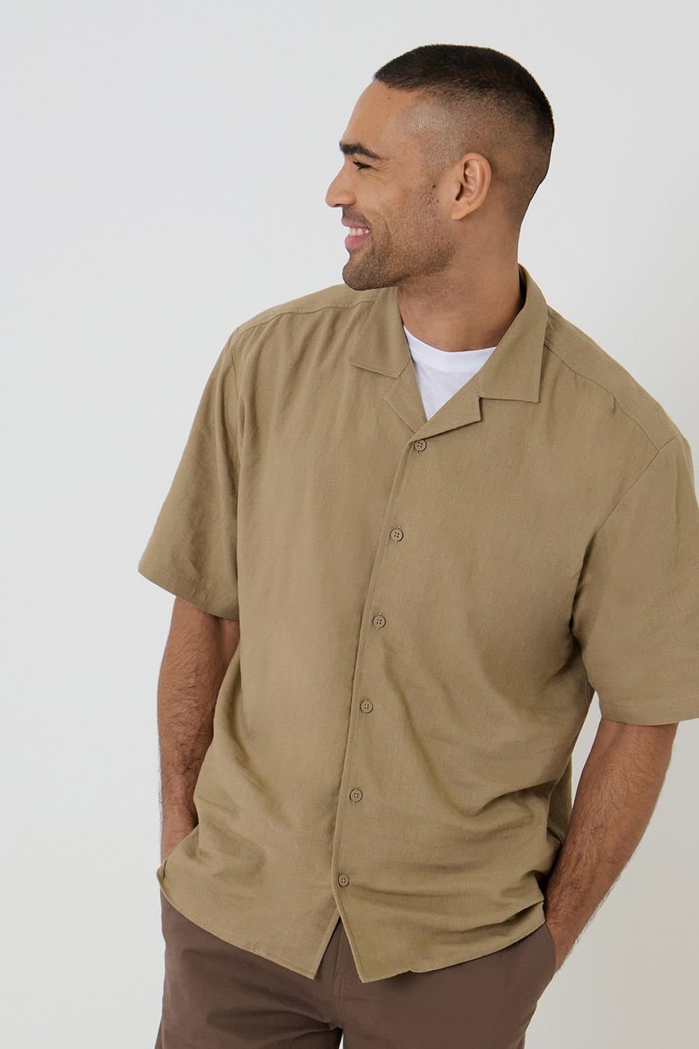 Threadbare Threadbare Men's Linen Blend Revere Collar Short Sleeve Shirt in Fawn