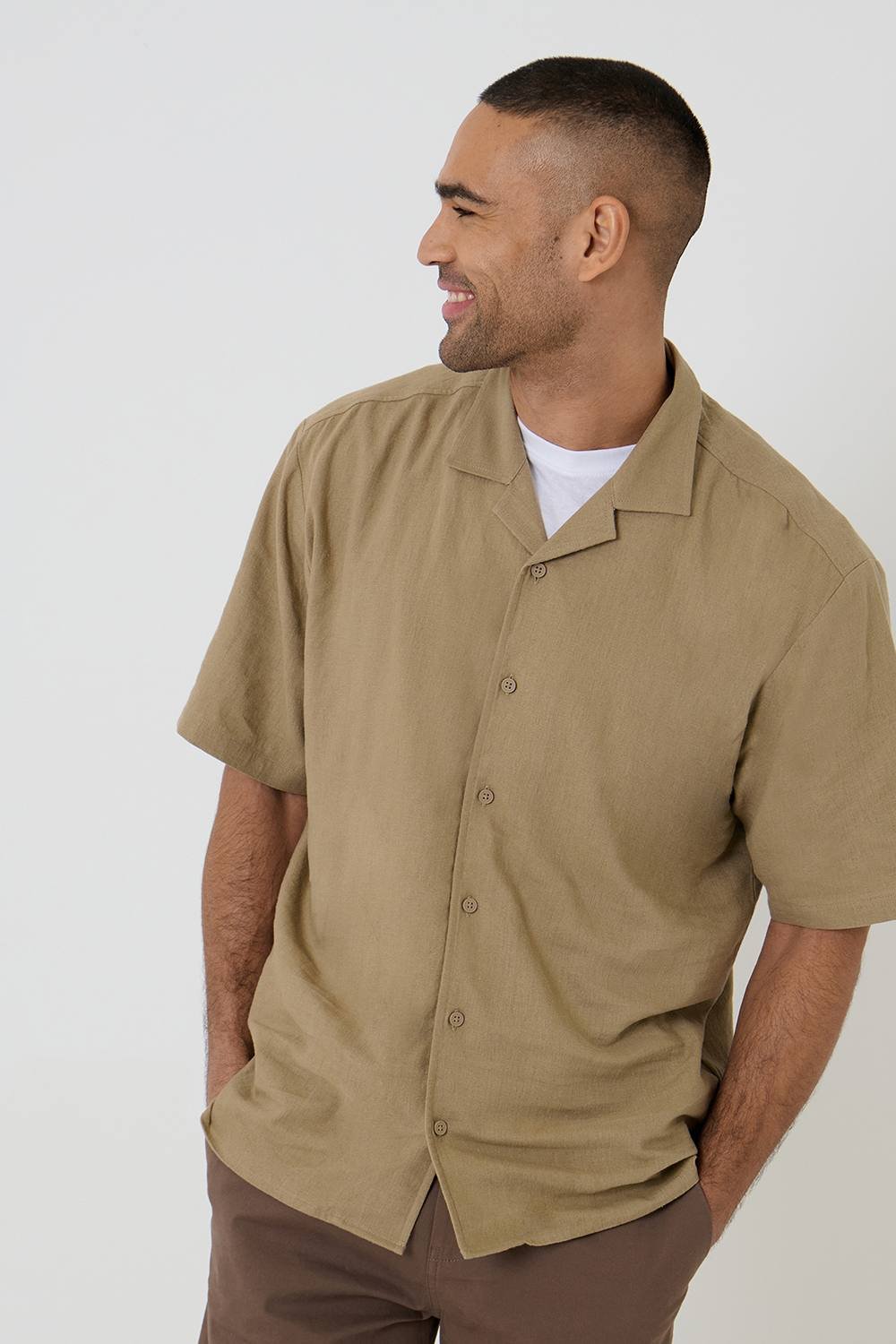 Threadbare Threadbare Men's Linen Blend Revere Collar Short Sleeve Shirt in Fawn - 2