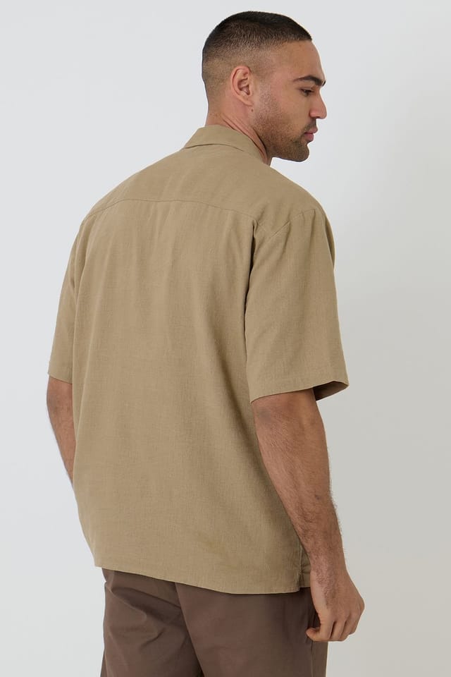 Threadbare Threadbare Men's Linen Blend Revere Collar Short Sleeve Shirt in Fawn - 2