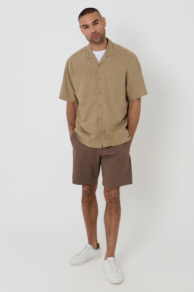 Threadbare Threadbare Men's Linen Blend Revere Collar Short Sleeve Shirt in Fawn - 3