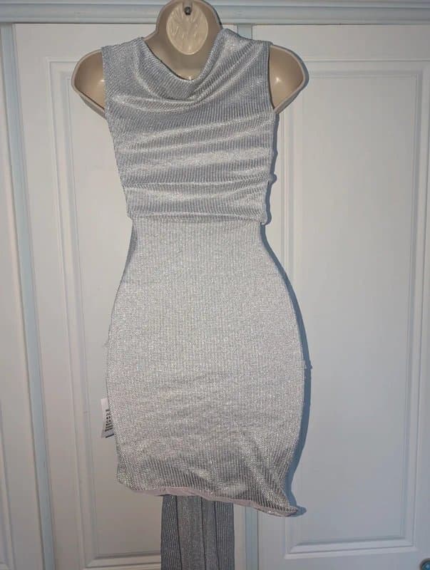 ASOS Asos design shimmer knit off shoulder mini dress with sash detail in silver size 4