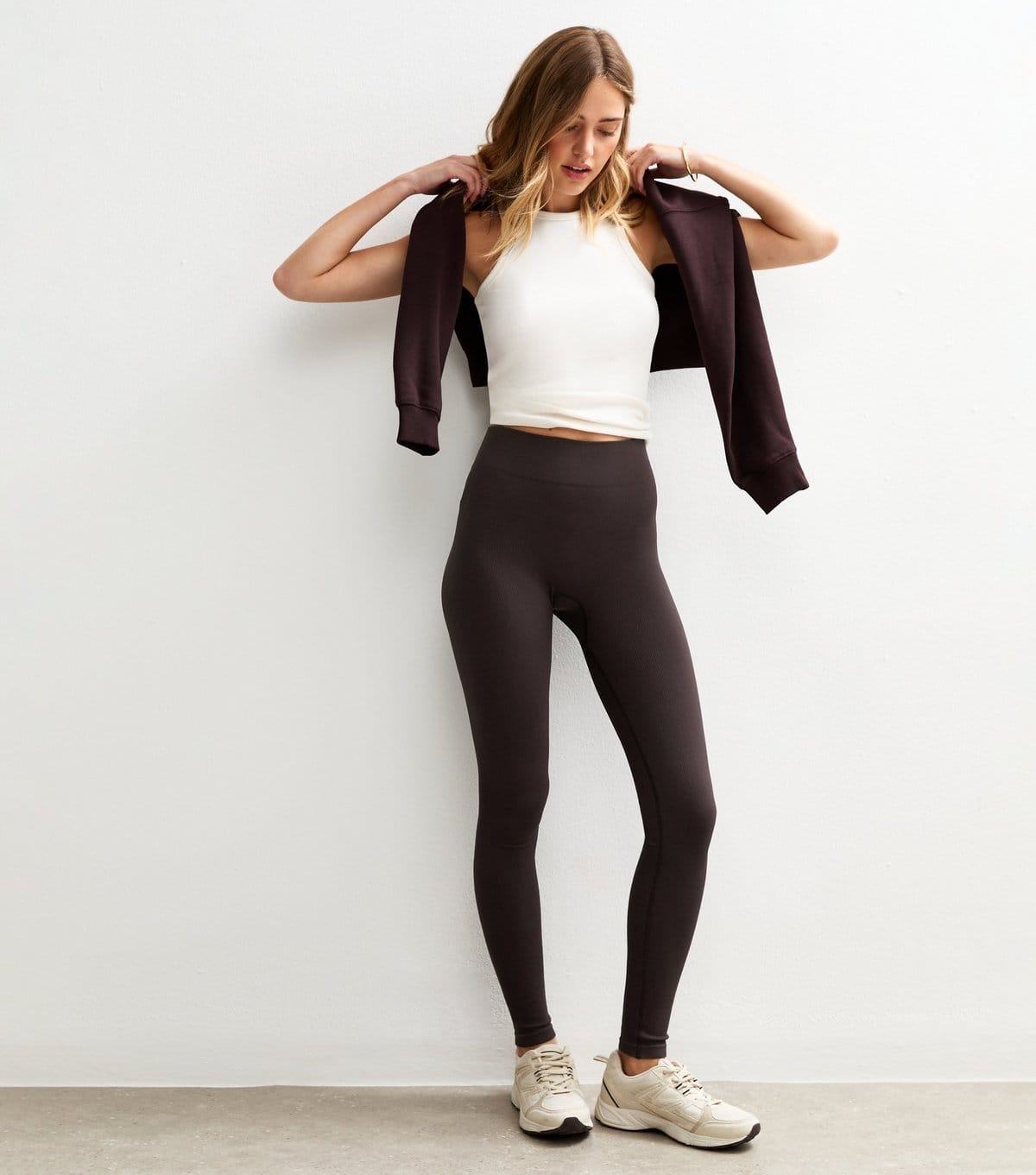 New Look Dark Brown Ribbed Jersey Leggings