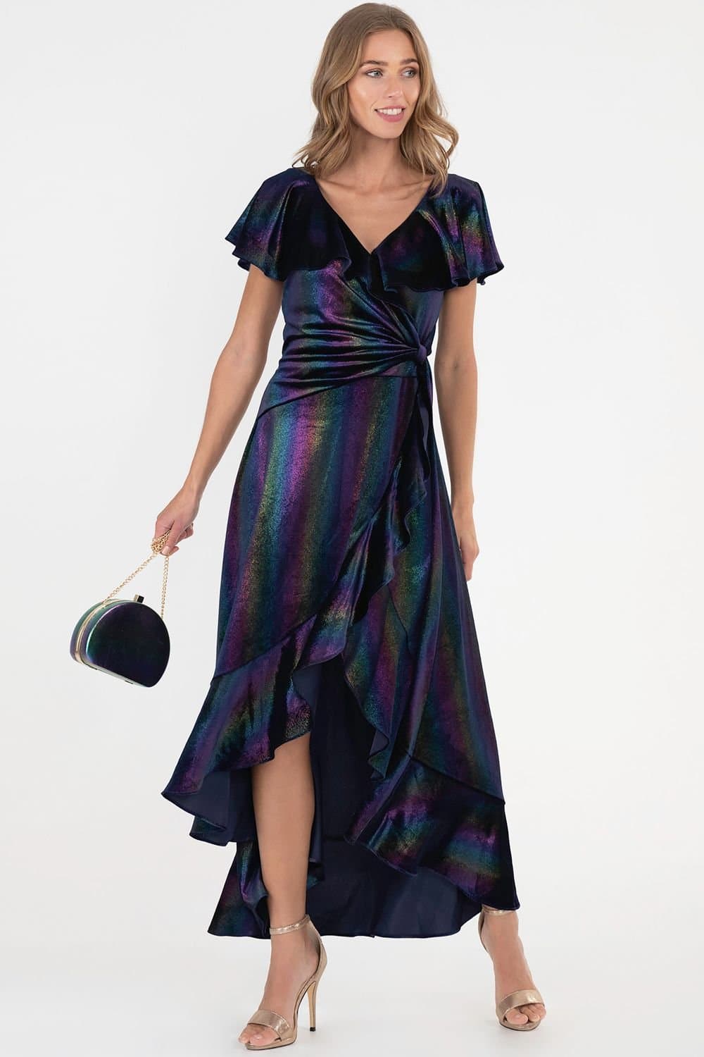 Jolie Moi Jolie Moi Women's Print Ruffle Dip Hem Velvet Dress in Navy