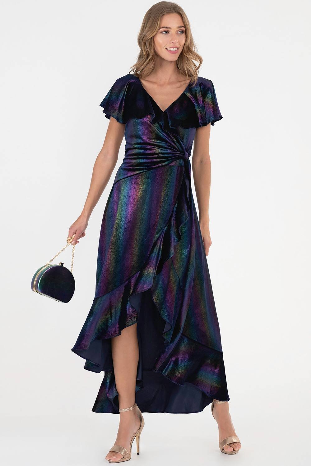 Jolie Moi Jolie Moi Women's Print Ruffle Dip Hem Velvet Dress in Navy - 2